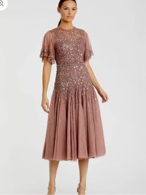 Mac Duggal Cape Sleeve Tea Length Sequin Dress NWT Pink Cocktail
